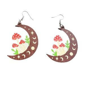 Painted Wood Playful Moon and Mushroom Drop Earrings